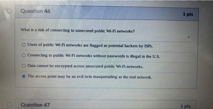 Solved What is a risk of connecting to unsecured public | Chegg.com