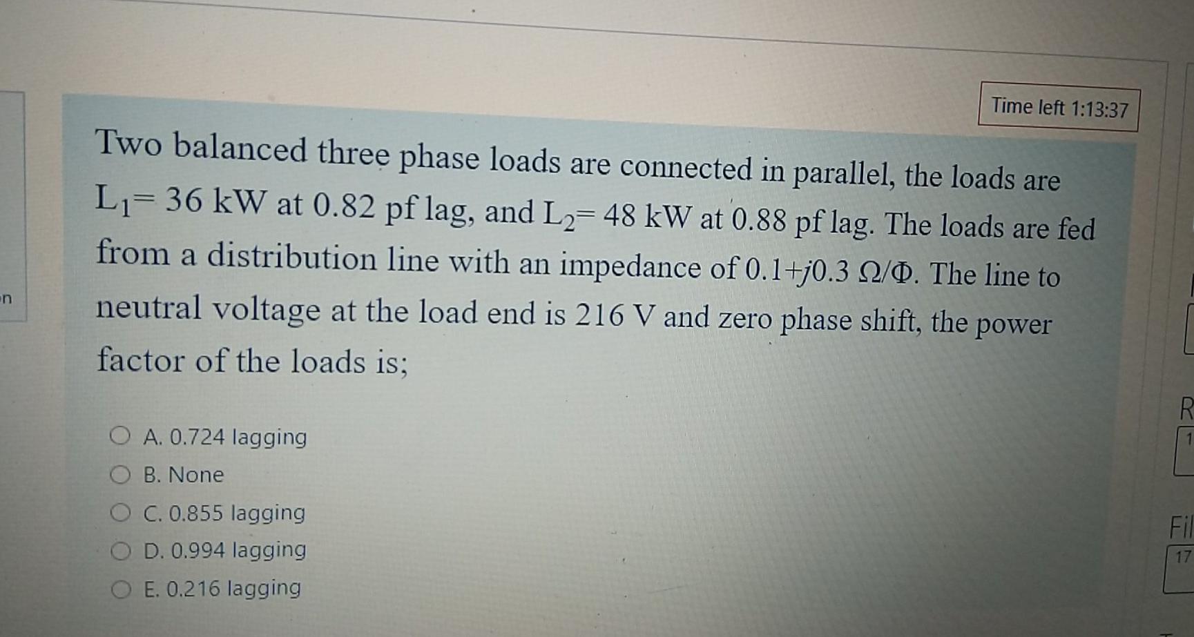 Solved Time left 1:13:37 Two balanced three phase loads are | Chegg.com