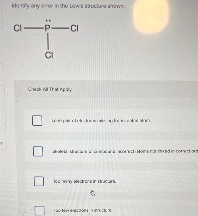 Solved Identify any error in the Lewis structure shown. CI — | Chegg.com