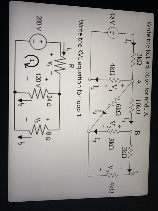 Solved Write the KCL equation for node A. 2kΩ A 10kΩ B I, | Chegg.com