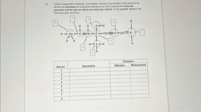 A. Indique la geometria molbcular, los ortitales hibridos y los orbitales moloculares de ios htomos de sehalados on la siguen