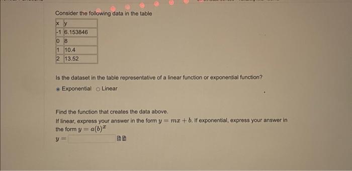 Solved Consider the following data in the table x y -1 | Chegg.com