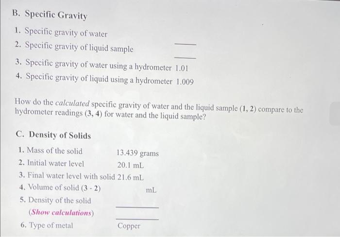 specific gravity of water experiment