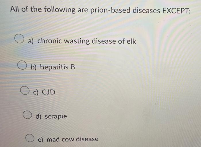 Solved All of the following are prion-based diseases EXCEPT: | Chegg.com