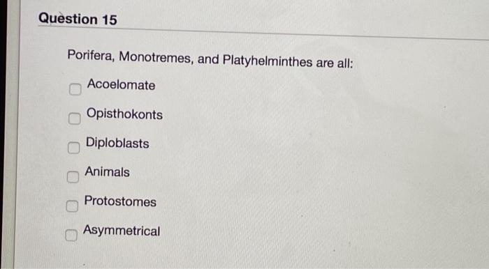 Question 15 Porifera, Monotremes, and Platyhelminthes are all: Acoelomate Opisthokonts Diploblasts Animals Protostomes Asymme