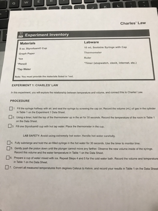 o w к Charles' Law & Experiment Inventory Materials 8