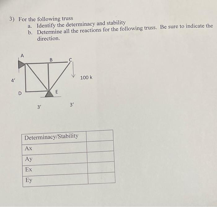 Solved 3) For The Following Truss 4' A D A. Identify The | Chegg.com