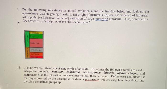 1. Put The Following Milestones In Animal Evolution | Chegg.com