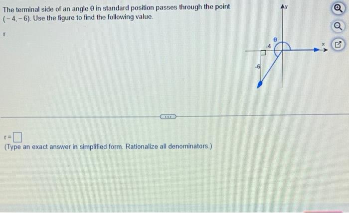 The terminal side of an angle \( \theta \) in standard position passes through the point \( (-4,-6) \). Use the figure to fin