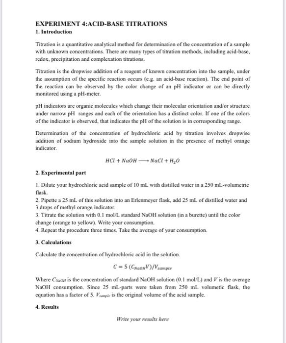 Solved EXPERIMENT 4ACIDBASE TITRATIONS 1. Introduction