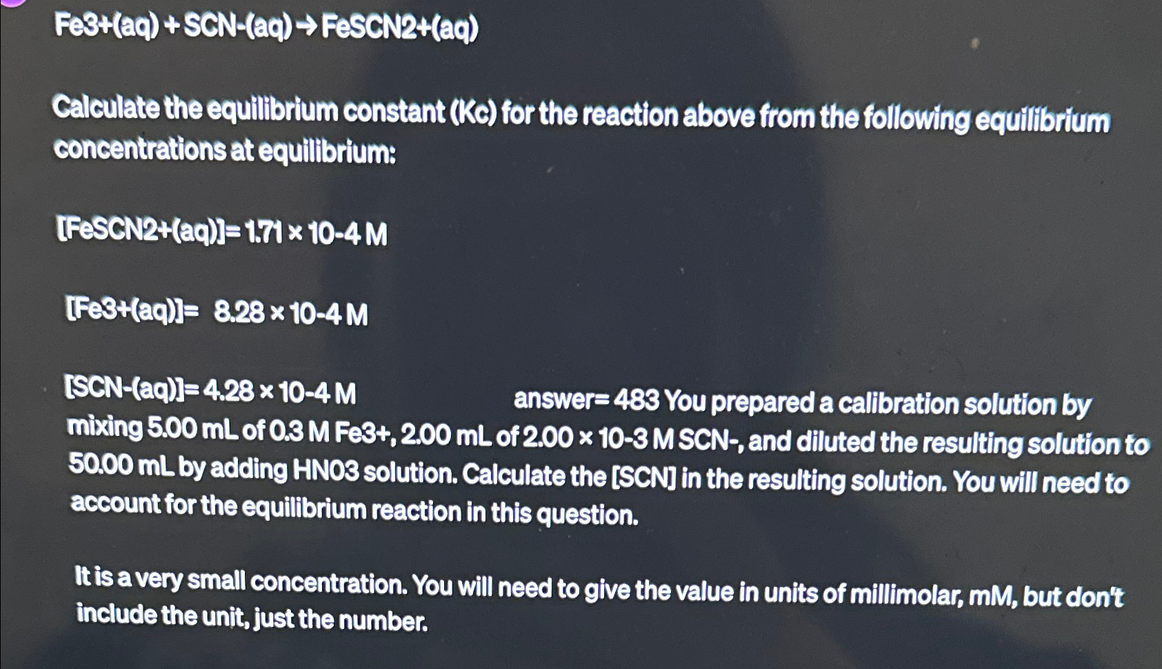 Solved FeB+(aq)+SCN-(aq)→FeSCN2+(aq)Calculate the | Chegg.com