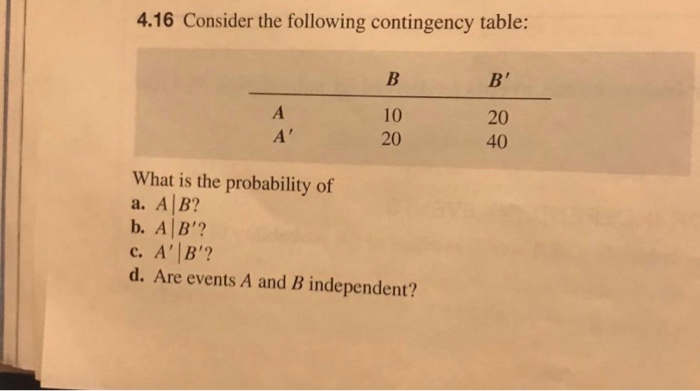 Solved 4.16 Consider The Following Contingency Table: 10 20 | Chegg.com