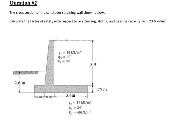 Question #2
The cross section of the cantilever retaining wall shown below.
Calculate the factor of safety with respect to ov