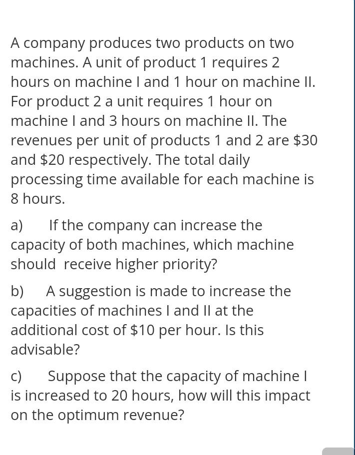 Solved A Company Produces Two Products On Two Machines. A | Chegg.com ...