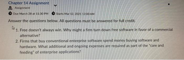 Solved Starts Mar 12. 2021 12:00 AM Chapter 14 Assignment @ | Chegg.com