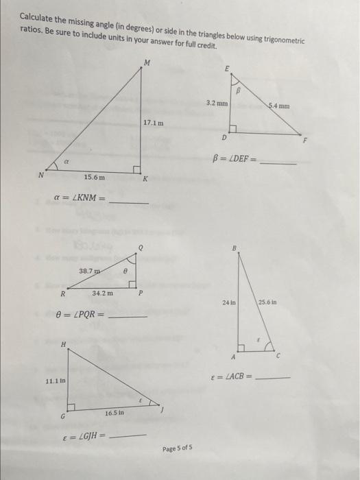 Solved Calculate the missing angle (in degrees) or side in | Chegg.com