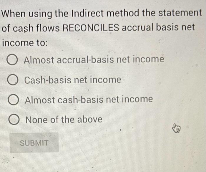 the indirect method of statement of cash flows preparation reconciles