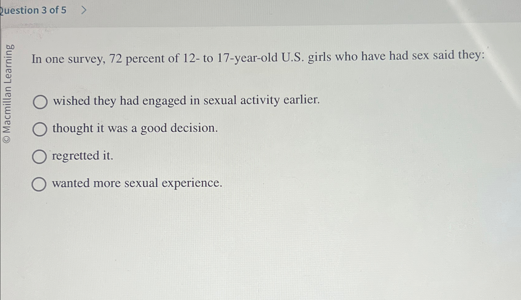 Solved Question 3 ﻿of 5In one survey, 72 ﻿percent of 12 - | Chegg.com