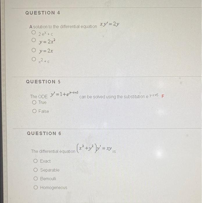 Solved QUESTION 4 x = 2y A solution to the differential | Chegg.com