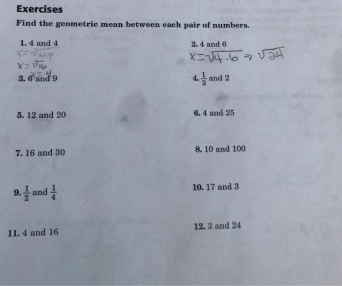 Solved Exercises Find the geometric mean between each pair | Chegg.com