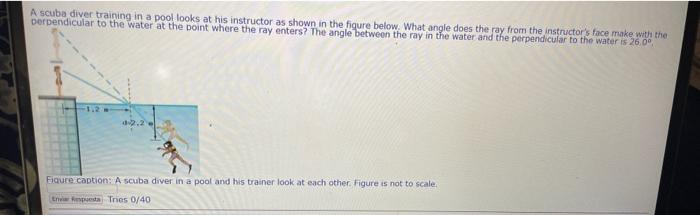 A scuba diver training in a pool looks at his instructor as shown in the figure below. What angle does the ray from the instr