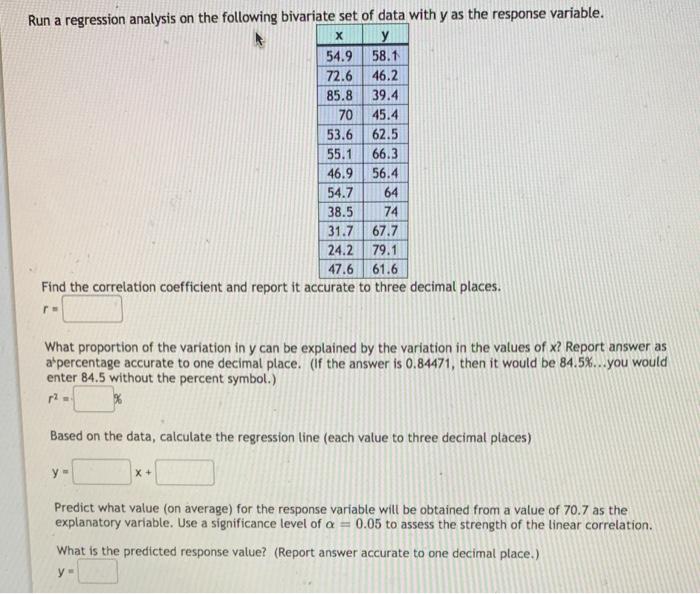 Solved х Run a regression analysis on the following | Chegg.com