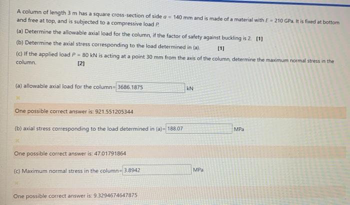 Solved A column of length 3 m has a square cross-section of | Chegg.com