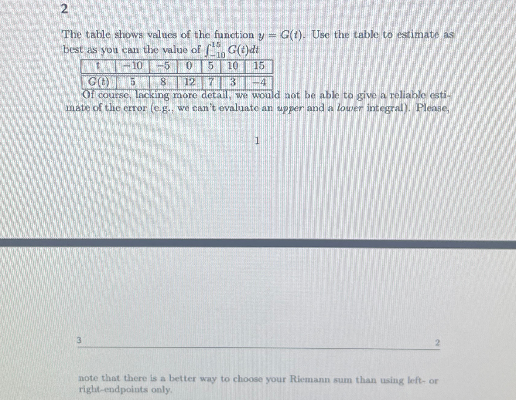 Solved 2 The table shows values of the function y=G(t). Use | Chegg.com