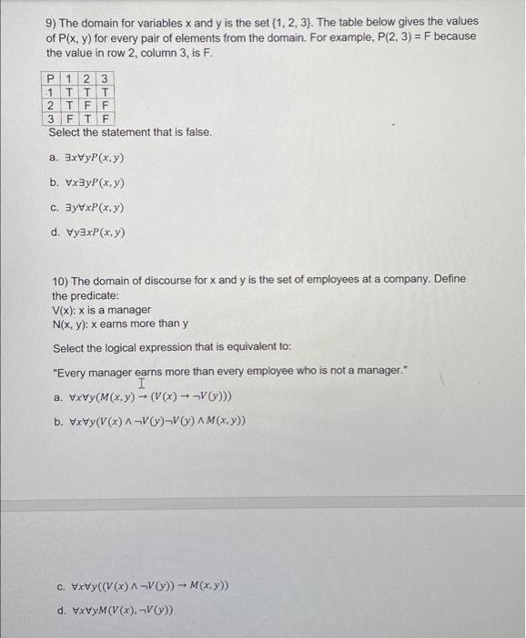 Solved 9) The domain for variables x and y is the set (1, 2, | Chegg.com