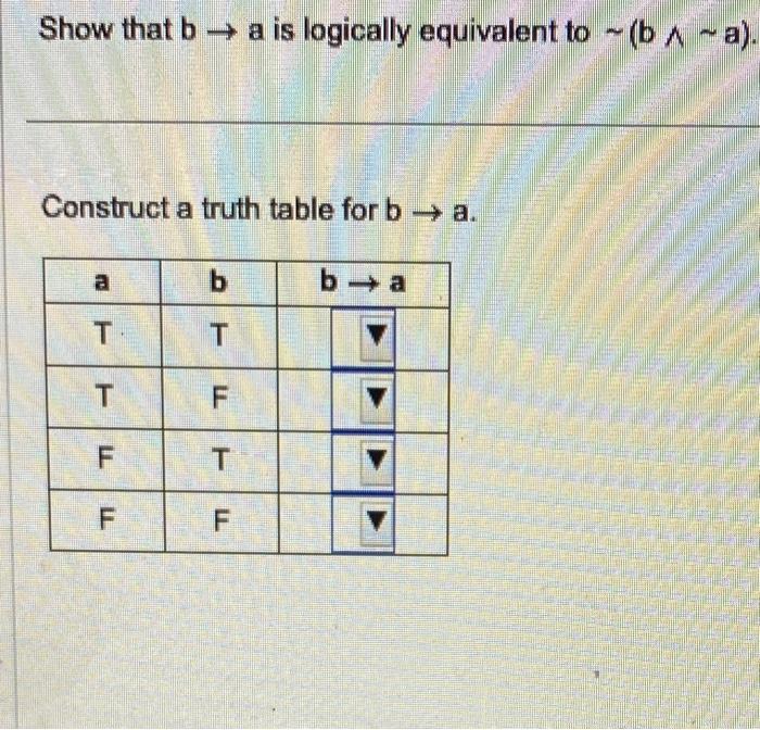 Show that \( b \rightarrow a \) is logically equivalent to \( \sim(b \wedge \sim a) \).
Construct a truth table for \( \mathr
