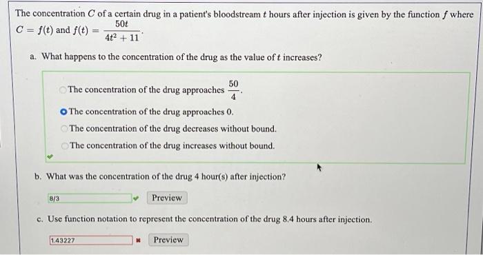 Solved The concentration C of a certain drug in a patient's | Chegg.com