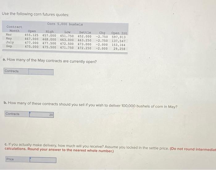 Solved Use the following corn futures quotes Corn 5,000