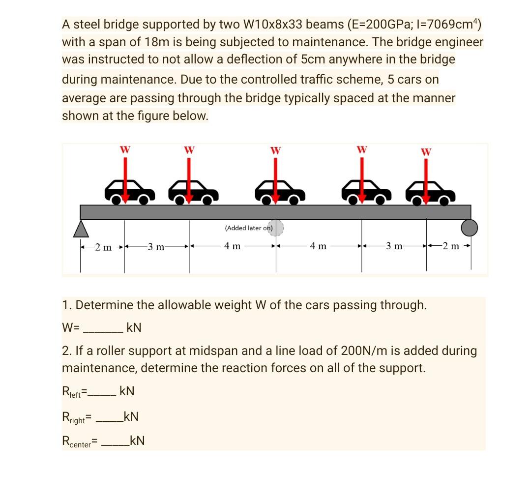 Solved A steel bridge supported by two W10x8x33 beams | Chegg.com