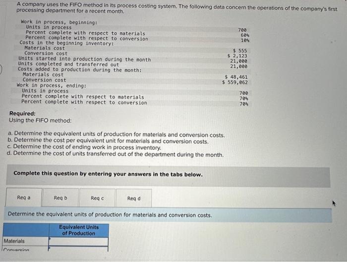 Solved A company uses the FIFO method in its process costing | Chegg.com