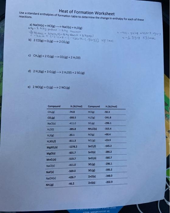 Solved Heat of Formation Worksheet Use a standard enthalpies