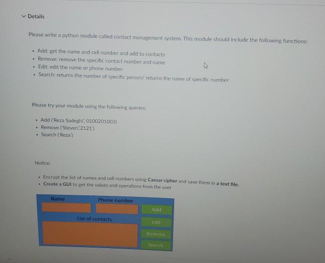 Solved Details Please write a python module called contact | Chegg.com
