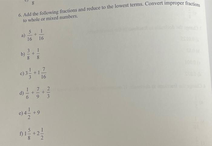 Solved 8 6. Add the following fractions and reduce to the | Chegg.com