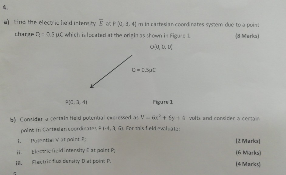 Solved 4. a) Find the electric field intensity E at P (0, 3, | Chegg.com