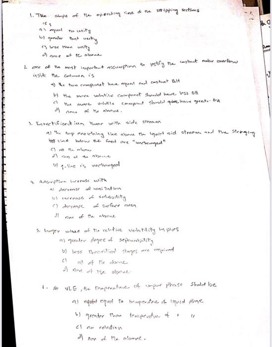 Solved shope of the operating line of the stripping sections