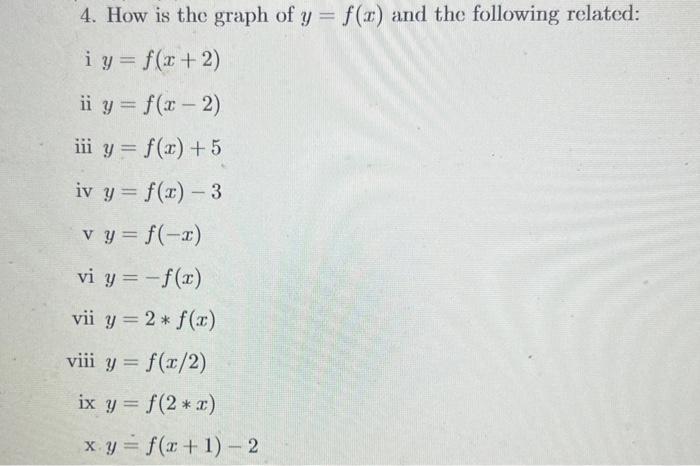 4. How is the graph of \( y=f(x) \) and the following related: i \( y=f(x+2) \) ii \( y=f(x-2) \) iii \( y=f(x)+5 \) iv \( y=