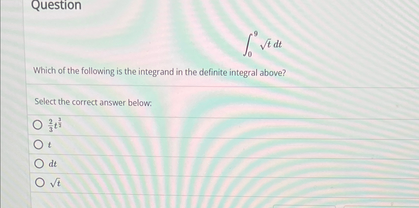 Question∫09t2dtWhich of the following is the | Chegg.com