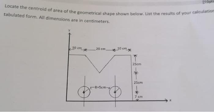 Locate the centroid of area of the geometrical shape shown below. List the results of your calculation tabulated form. All di