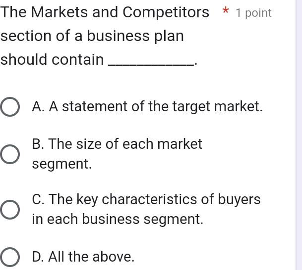 markets and competitors section of a business plan should contain