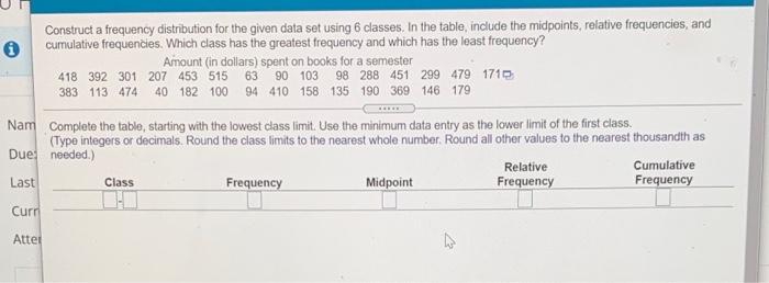 Solved Construct a frequency distribution for the given data | Chegg.com