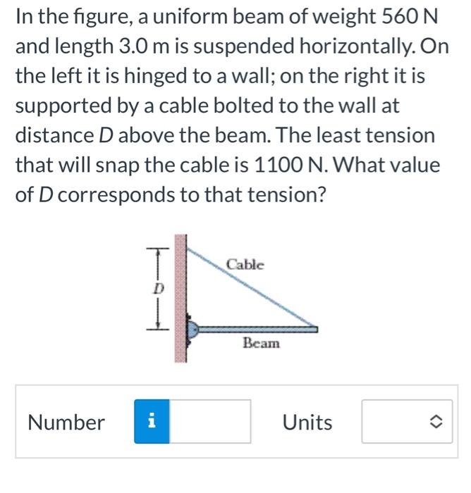 In the figure, a uniform beam of weight 560 N
and length 3.0 m is suspended horizontally. On
the left it is hinged to a wall;