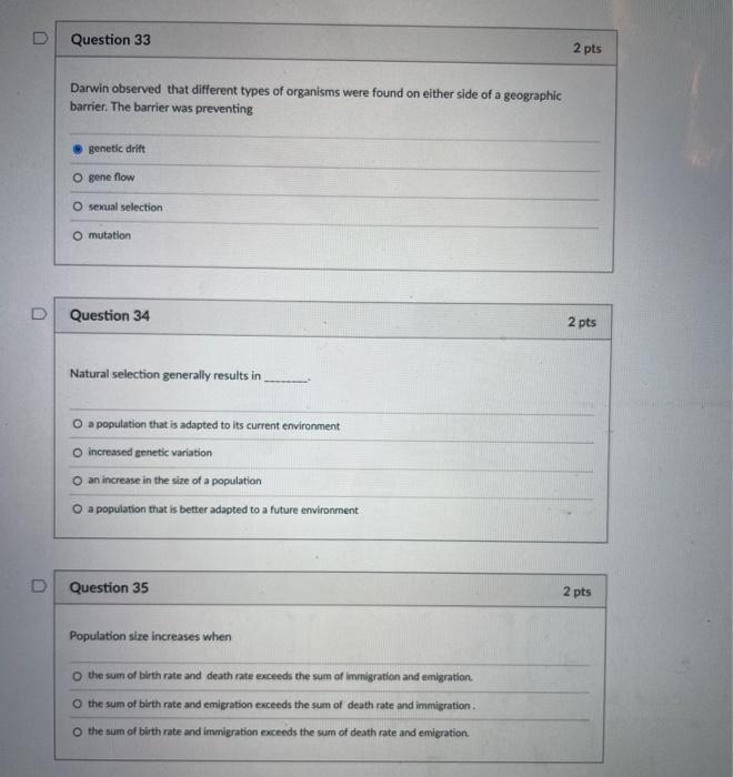 Solved Question 33 2 pts Darwin observed that different | Chegg.com