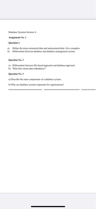 Solved Database Systems Section A Assignment No. 1 Question | Chegg.com