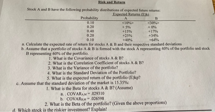 Solved Risk And Return Stock A And B Have The Following | Chegg.com