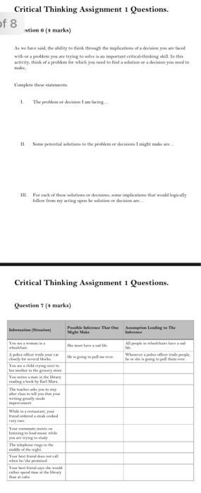 Critical Thinking Assignment i Questions, 8 | Chegg.com