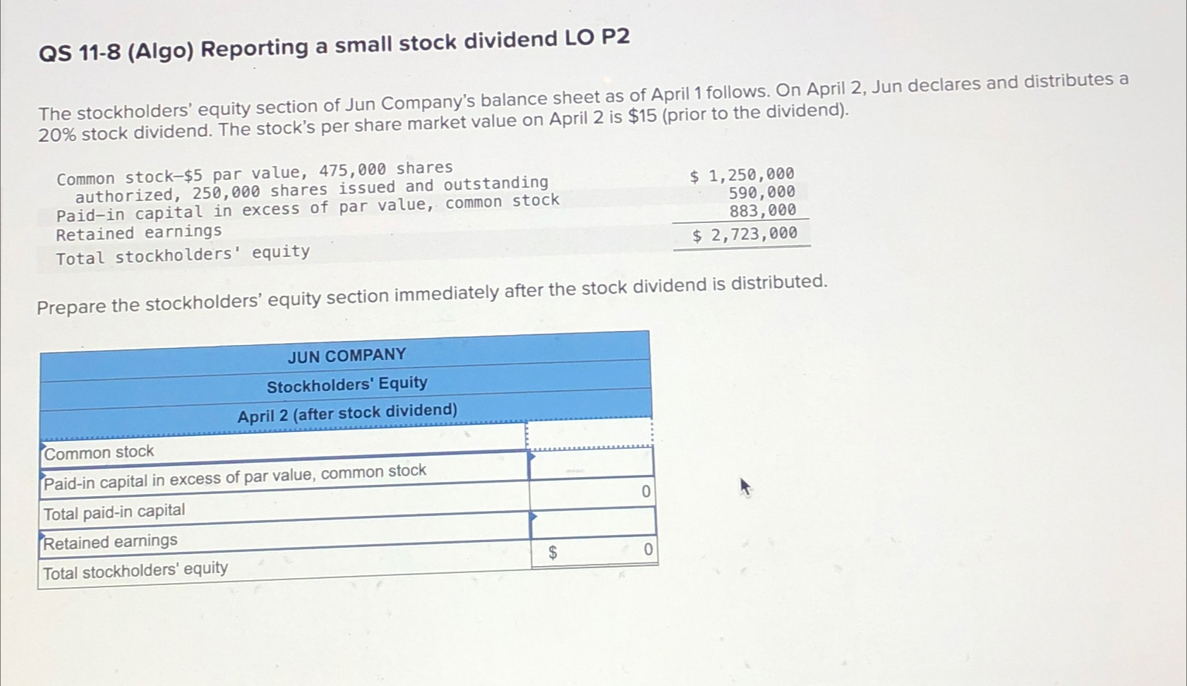 Solved QS 11-8 (Algo) ﻿Reporting a small stock dividend LO | Chegg.com